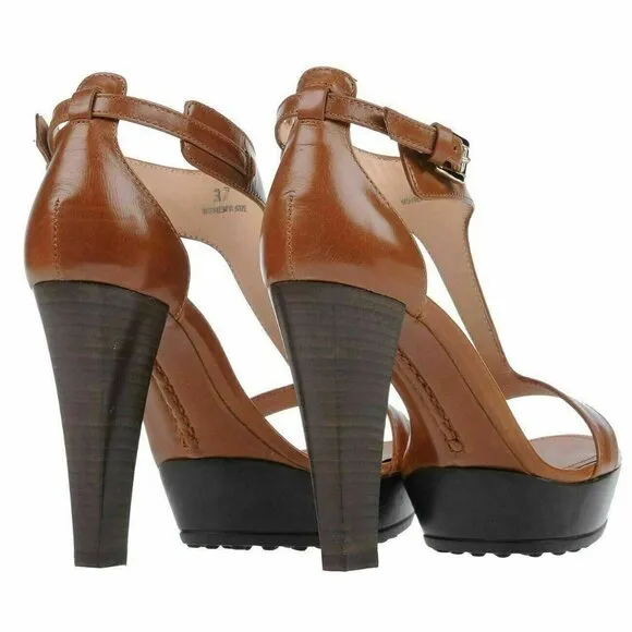 TOD'S SHOES BROWN LEATHER T-STRAP HIGH HEEL PLATFORM SANDALS sz IT 40.5 US 10.5