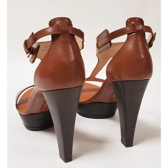 TOD'S SHOES BROWN LEATHER T-STRAP HIGH HEEL PLATFORM SANDALS sz IT 40.5 US 10.5