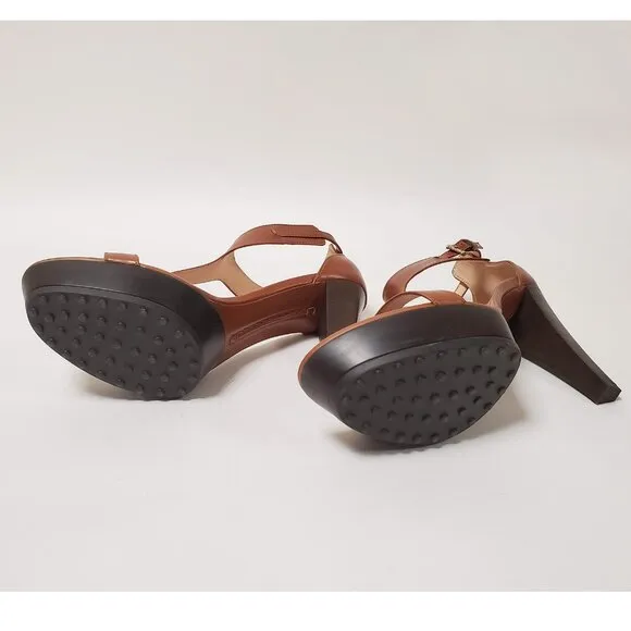 TOD'S SHOES BROWN LEATHER T-STRAP HIGH HEEL PLATFORM SANDALS sz IT 40.5 US 10.5