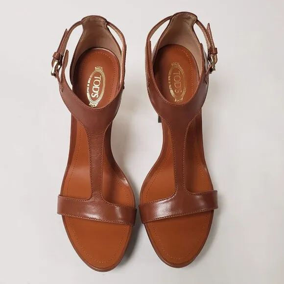 TOD'S SHOES BROWN LEATHER T-STRAP HIGH HEEL PLATFORM SANDALS sz IT 40.5 US 10.5