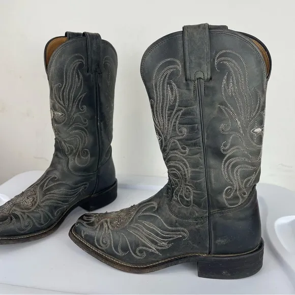 Tony Lama Womens Leather Cross Embroidered Silver Stitching Western Boots Sz 6.5
