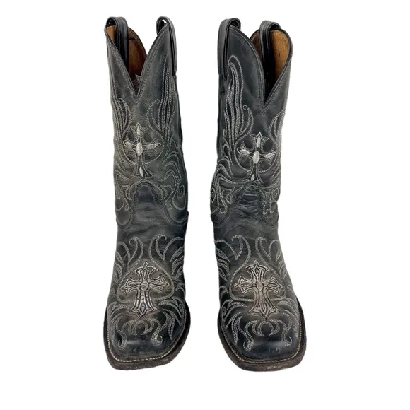 Tony Lama Womens Leather Cross Embroidered Silver Stitching Western Boots Sz 6.5