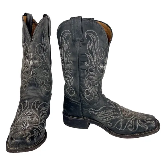 Tony Lama Womens Leather Cross Embroidered Silver Stitching Western Boots Sz 6.5