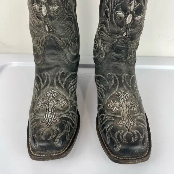 Tony Lama Womens Leather Cross Embroidered Silver Stitching Western Boots Sz 6.5