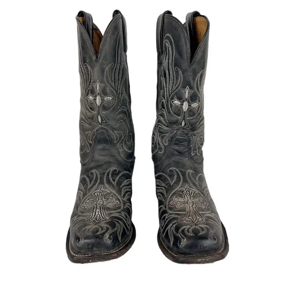Tony Lama Womens Leather Cross Embroidered Silver Stitching Western Boots Sz 6.5