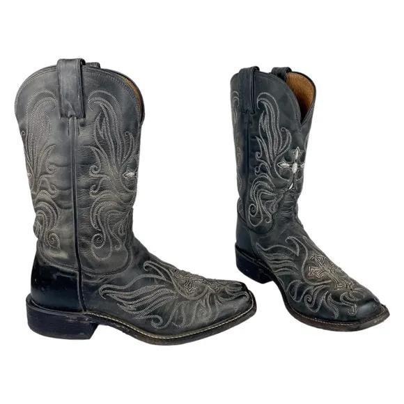 Tony Lama Womens Leather Cross Embroidered Silver Stitching Western Boots Sz 6.5