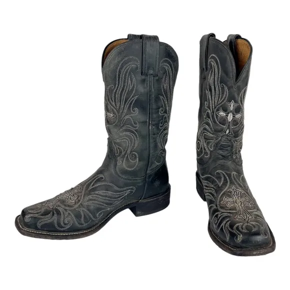 Tony Lama Womens Leather Cross Embroidered Silver Stitching Western Boots Sz 6.5