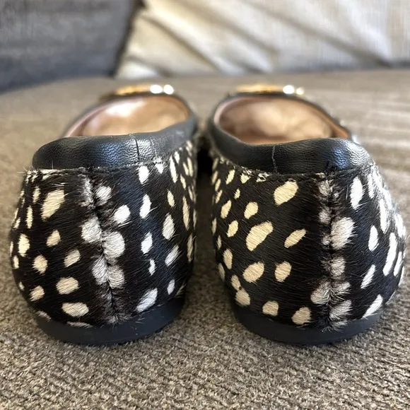 Tori Burch Reva Black/WhiteSpotted Calf Hair Gold Logo SlipOn Ballet Flats