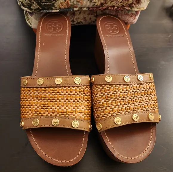 Tory Burch &quot;Joanie&quot; Wedge Sandals with Two-tone Woven Upper