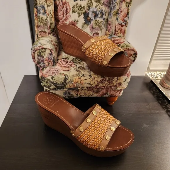 Tory Burch &quot;Joanie&quot; Wedge Sandals with Two-tone Woven Upper