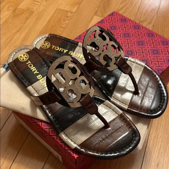Tory Burch Brown and Cream Thong Sandals