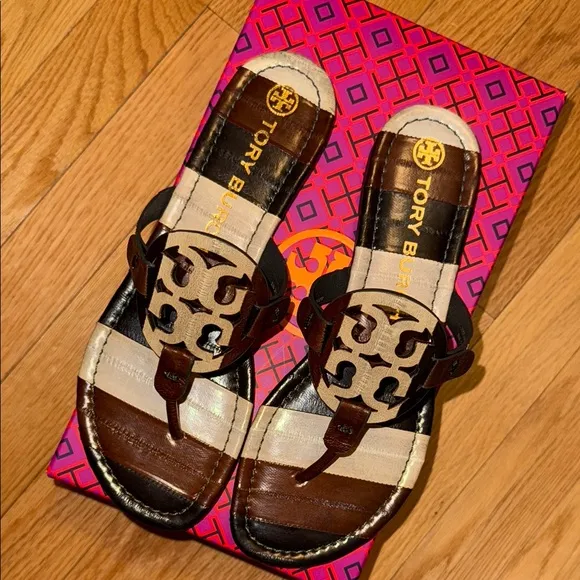 Tory Burch Brown and Cream Thong Sandals