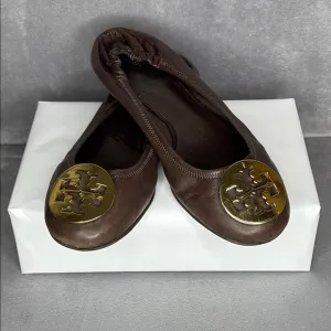 Tory Burch Brown Ballet Flats with Gold Accents