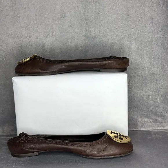 Tory Burch Brown Ballet Flats with Gold Accents