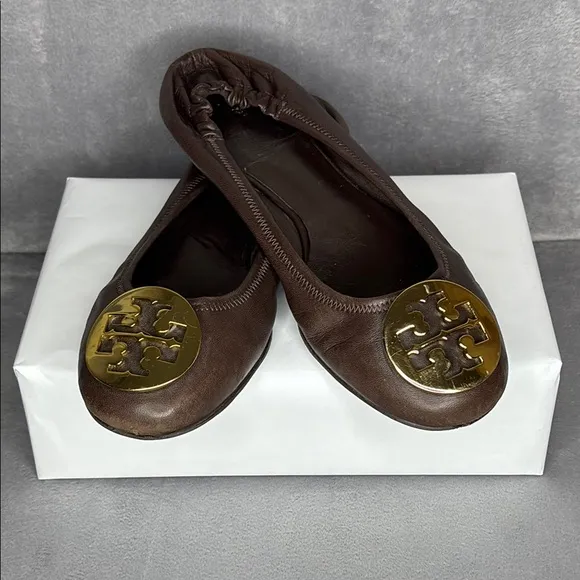 Tory Burch Brown Ballet Flats with Gold Accents