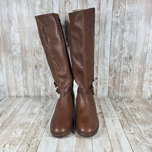 Tory Burch Brown Leather‎ Riding Boots Gold Logo Knee High Equestrian Style 7.5