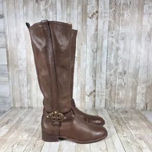 Tory Burch Brown Leather‎ Riding Boots Gold Logo Knee High Equestrian Style 7.5