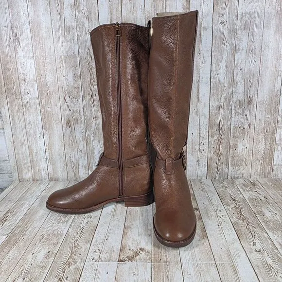 Tory Burch Brown Leather‎ Riding Boots Gold Logo Knee High Equestrian Style 7.5