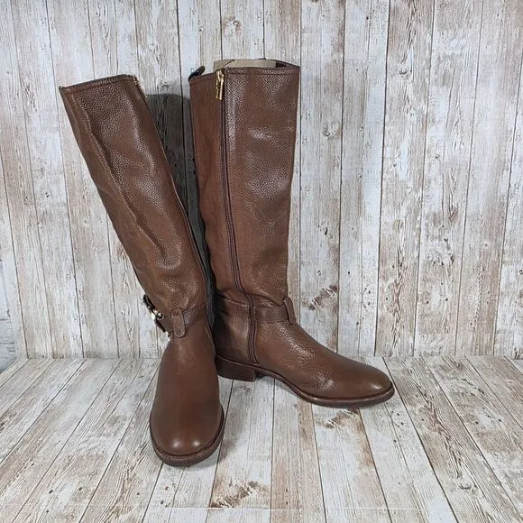 Tory Burch Brown Leather‎ Riding Boots Gold Logo Knee High Equestrian Style 7.5