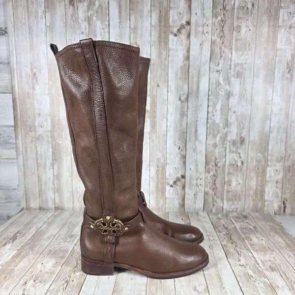 Tory Burch Brown Leather‎ Riding Boots Gold Logo Knee High Equestrian Style 7.5