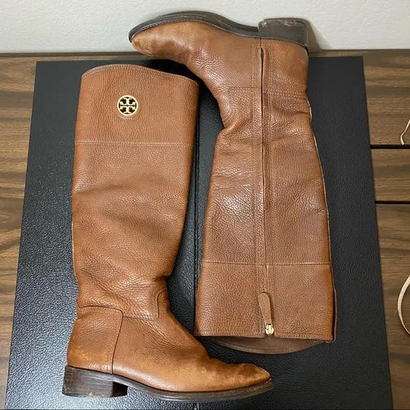 TORY BURCH brown pebbled leather Junction riding boots 6.5