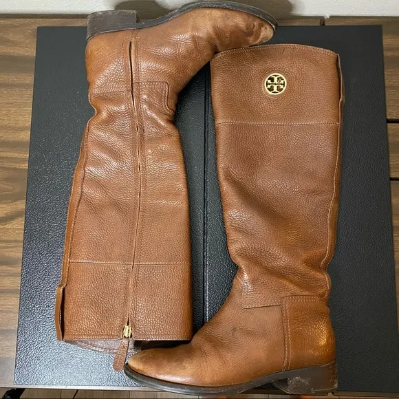 TORY BURCH brown pebbled leather Junction riding boots 6.5