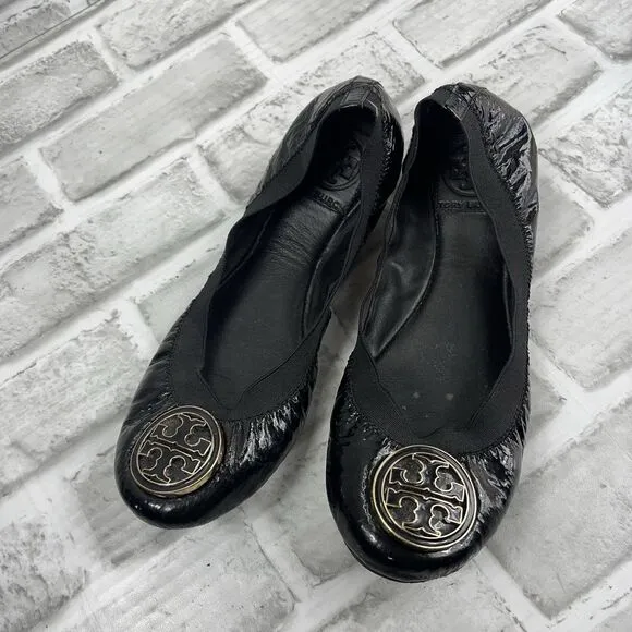 Tory Burch Caroline Women's Size 6.5 M Black Patent Leather Ballet Flats Shoes