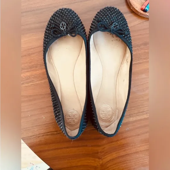 TORY BURCH |Chelsea Cameo Swarovski Crystal Women Black Ballet Flat Shoes 9 M