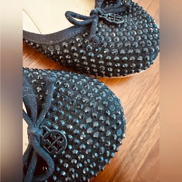 TORY BURCH |Chelsea Cameo Swarovski Crystal Women Black Ballet Flat Shoes 9 M