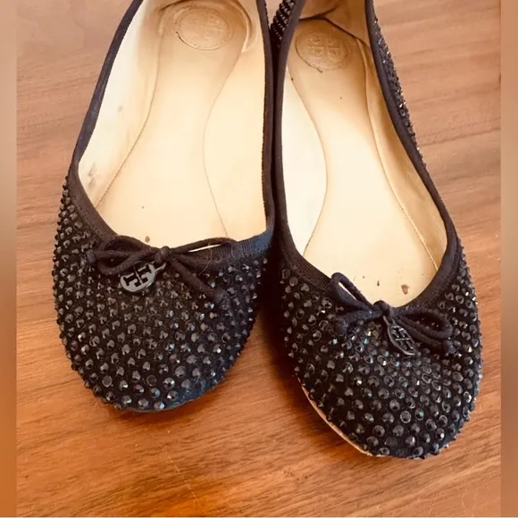 TORY BURCH |Chelsea Cameo Swarovski Crystal Women Black Ballet Flat Shoes 9 M