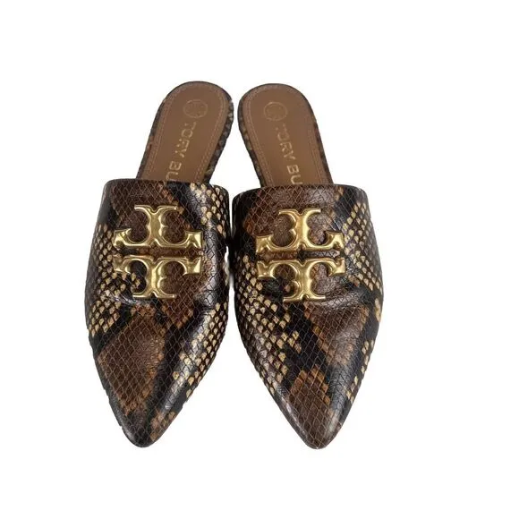 Tory Burch Eleanor Snake-Embossed Leather Mules Slip On Leather‎ Big Logo 5.5 M