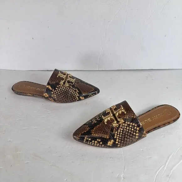 Tory Burch Eleanor Snake-Embossed Leather Mules Slip On Leather‎ Big Logo 5.5 M