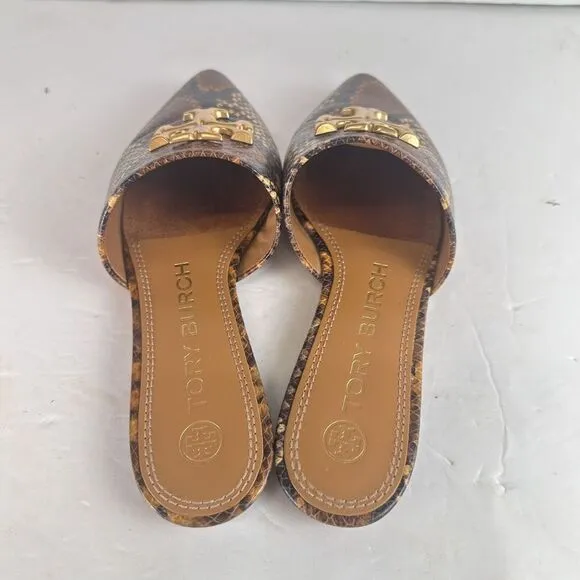 Tory Burch Eleanor Snake-Embossed Leather Mules Slip On Leather‎ Big Logo 5.5 M