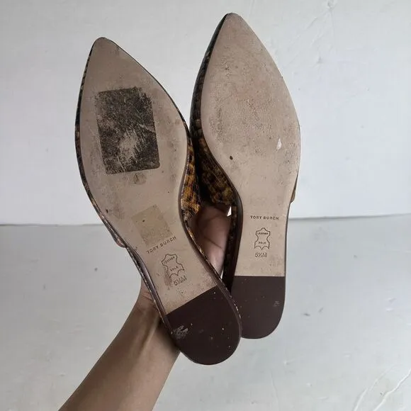 Tory Burch Eleanor Snake-Embossed Leather Mules Slip On Leather‎ Big Logo 5.5 M