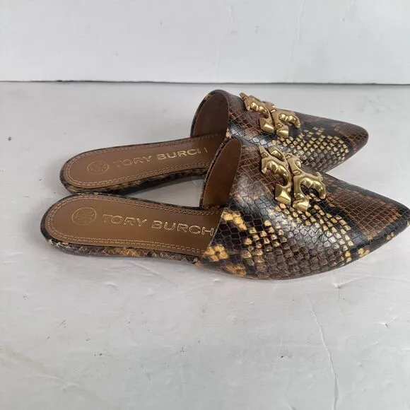 Tory Burch Eleanor Snake-Embossed Leather Mules Slip On Leather‎ Big Logo 5.5 M