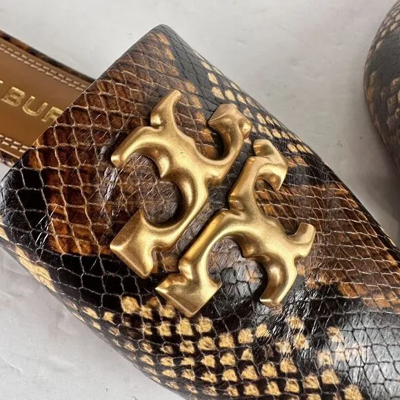 Tory Burch Eleanor Snake-Embossed Leather Mules Slip On Leather‎ Big Logo 5.5 M