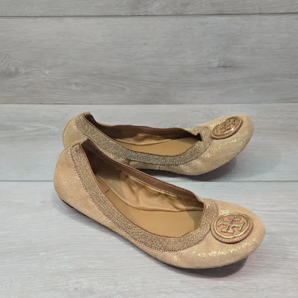Tory Burch Glitter Suede Stretch Gold Ballet Flats Logo Shoes Sz 7M