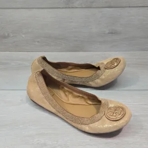 Tory Burch Glitter Suede Stretch Gold Ballet Flats Logo Shoes Sz 7M
