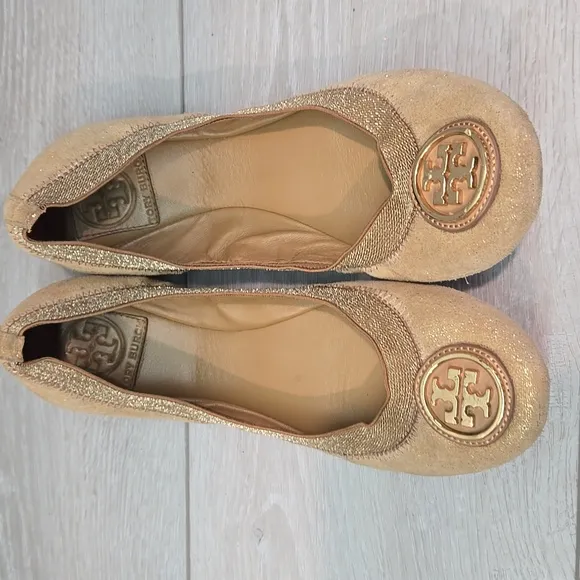 Tory Burch Glitter Suede Stretch Gold Ballet Flats Logo Shoes Sz 7M