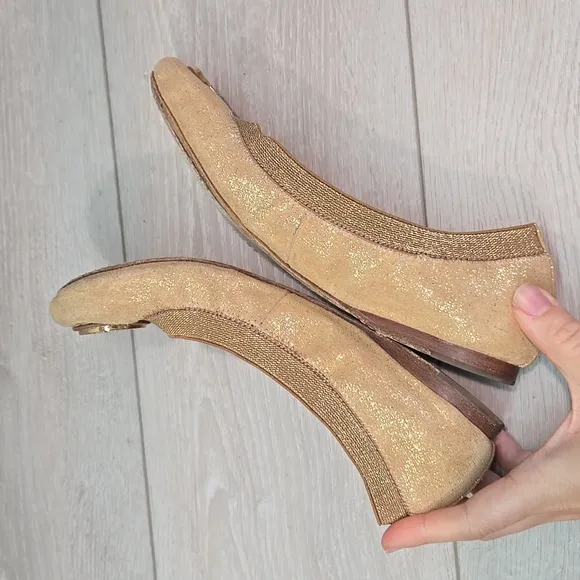 Tory Burch Glitter Suede Stretch Gold Ballet Flats Logo Shoes Sz 7M