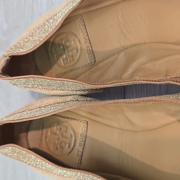 Tory Burch Glitter Suede Stretch Gold Ballet Flats Logo Shoes Sz 7M
