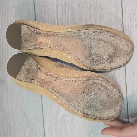 Tory Burch Glitter Suede Stretch Gold Ballet Flats Logo Shoes Sz 7M