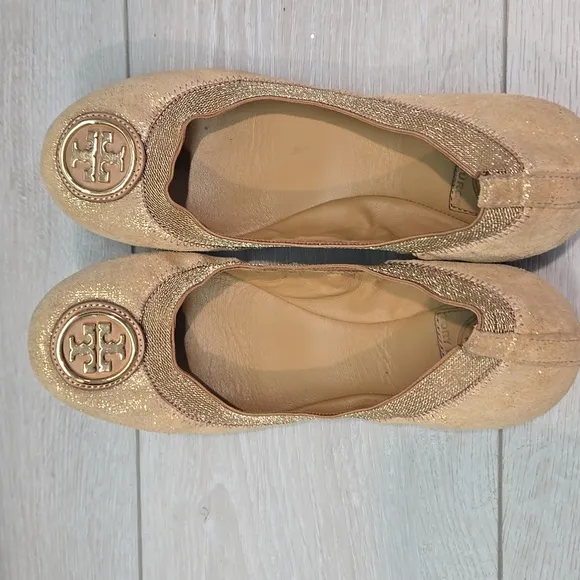 Tory Burch Glitter Suede Stretch Gold Ballet Flats Logo Shoes Sz 7M