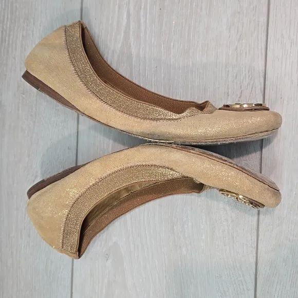 Tory Burch Glitter Suede Stretch Gold Ballet Flats Logo Shoes Sz 7M