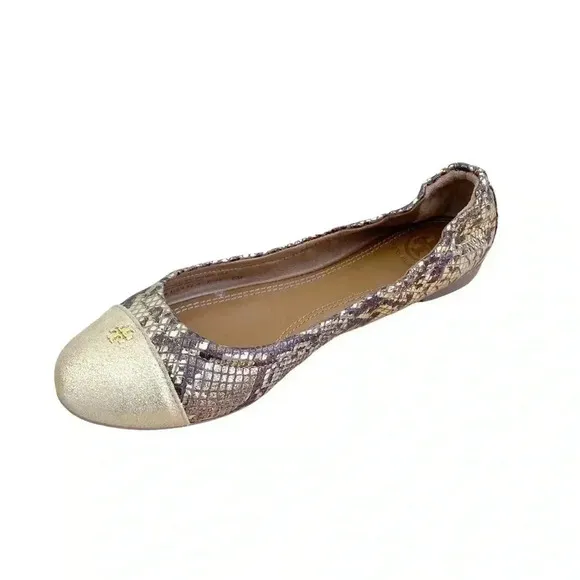 Tory Burch Gold Roccia Ballet Flats Shoes Size 6 Cap Toe Snakeprint Classic