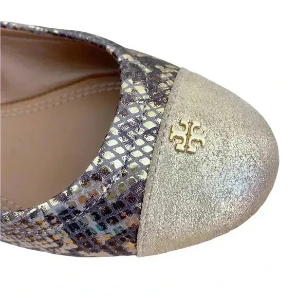 Tory Burch Gold Roccia Ballet Flats Shoes Size 6 Cap Toe Snakeprint Classic