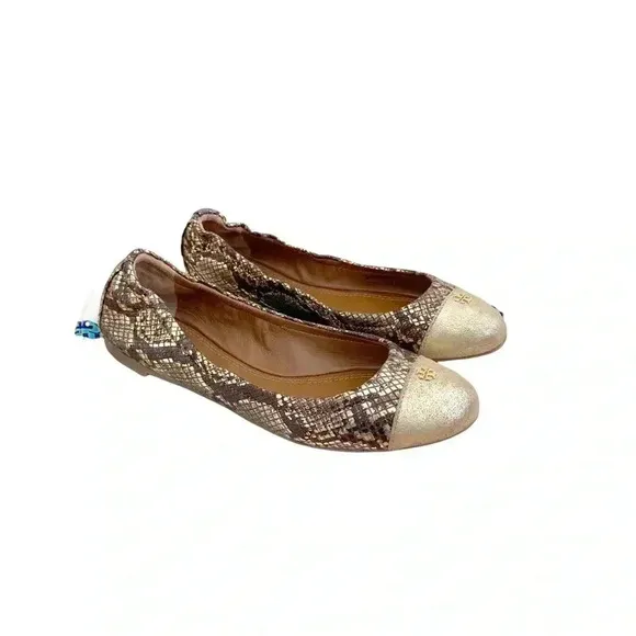 Tory Burch Gold Roccia Ballet Flats Shoes Size 6 Cap Toe Snakeprint Classic