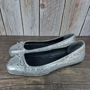 Tory Burch Laila 2 Driver Ballet Flats Crinkle Metallic Silver Women's Sz 8 M