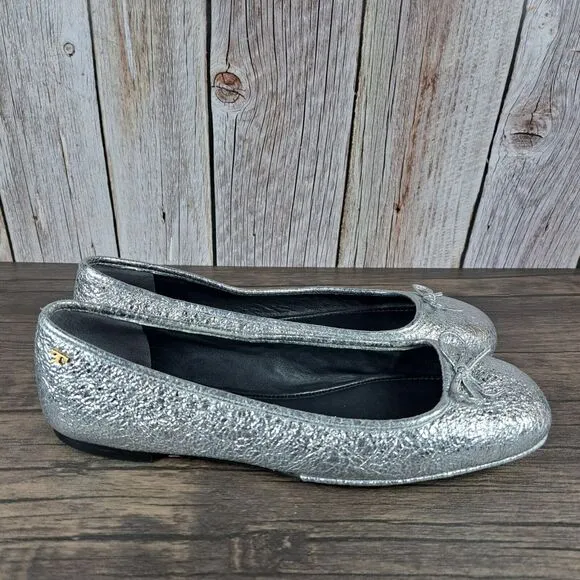 Tory Burch Laila 2 Driver Ballet Flats Crinkle Metallic Silver Women's Sz 8 M