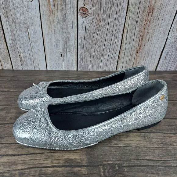 Tory Burch Laila 2 Driver Ballet Flats Crinkle Metallic Silver Women's Sz 8 M
